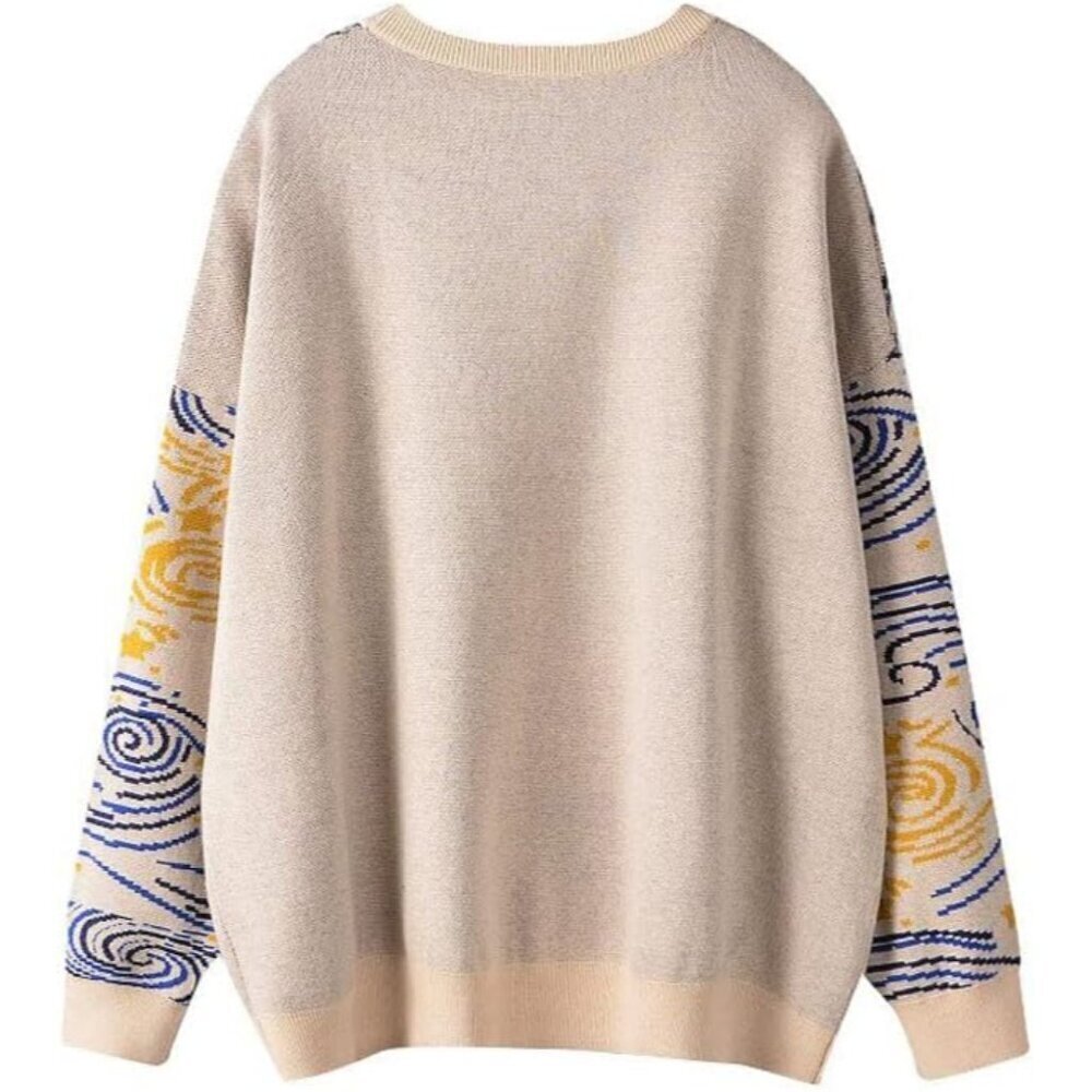 Women's Knit Crew Neck Sweater Long Sleeve Casual Van Gogh Cartoon Pullover - Picture 2 of 4